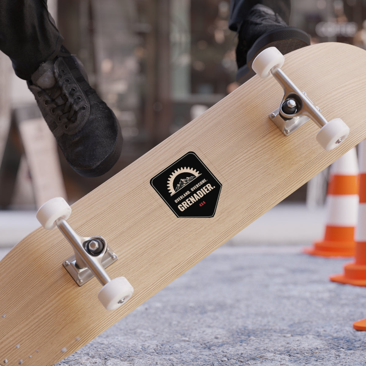 Overland. Overcome. black shield badge die-cut sticker with mountains and gear – view 3
