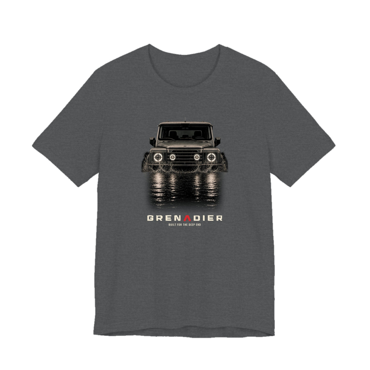 Asphalt tee, front print: 4x4 wading dark water at night, headlights on (splash of water across the bow) with BUILT FOR THE DEEP END lettering under GRENADIER wordmark, Asphalt