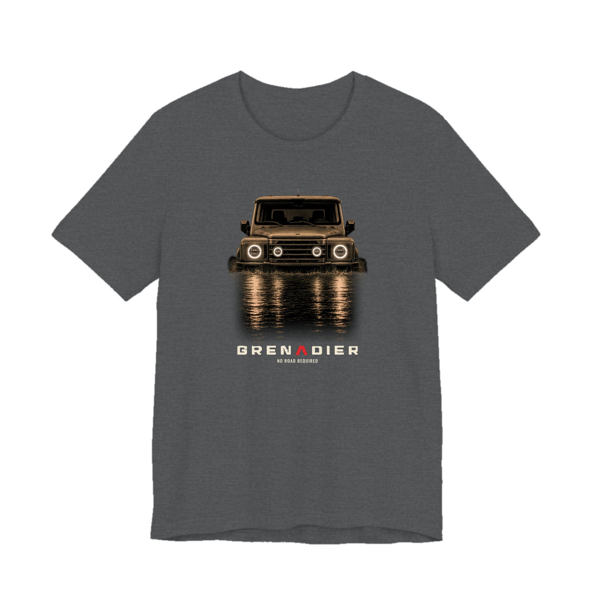 Asphalt tee, front print: 4x4 wading dark water at night, headlights on (warm sepia tones) with NO ROAD REQUIRED lettering under GRENADIER wordmark, Asphalt