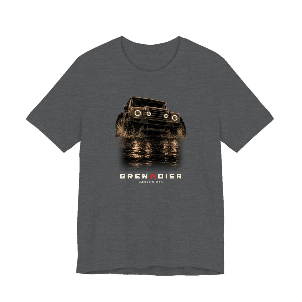 Asphalt tee, front print: 4x4 wading dark water at night, headlights on (warm sepia, angled three-quarter view) with LIGHTS ON. WATER UP. lettering under GRENADIER wordmark, Asphalt