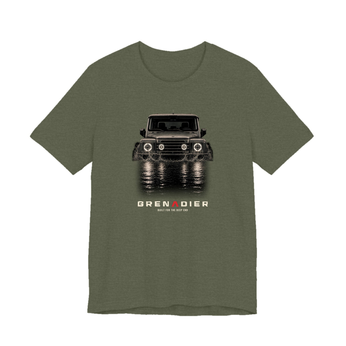 Heather Military Green tee, front print: 4x4 wading dark water at night, headlights on (splash of water across the bow) with BUILT FOR THE DEEP END lettering under GRENADIER wordmark, Heather Military Green