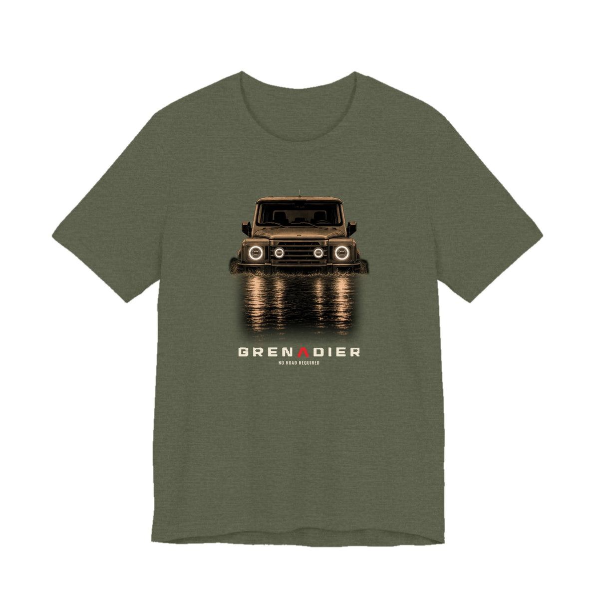 Heather Military Green tee, front print: 4x4 wading dark water at night, headlights on (warm sepia tones) with NO ROAD REQUIRED lettering under GRENADIER wordmark, Heather Military Green