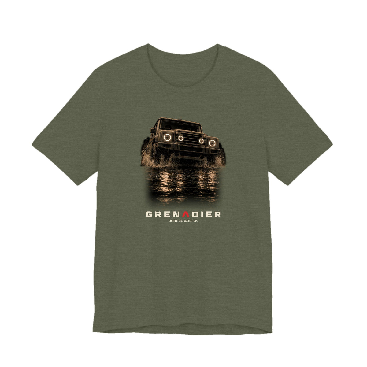 Heather Military Green tee, front print: 4x4 wading dark water at night, headlights on (warm sepia, angled three-quarter view) with LIGHTS ON. WATER UP. lettering under GRENADIER wordmark, Heather Military Green