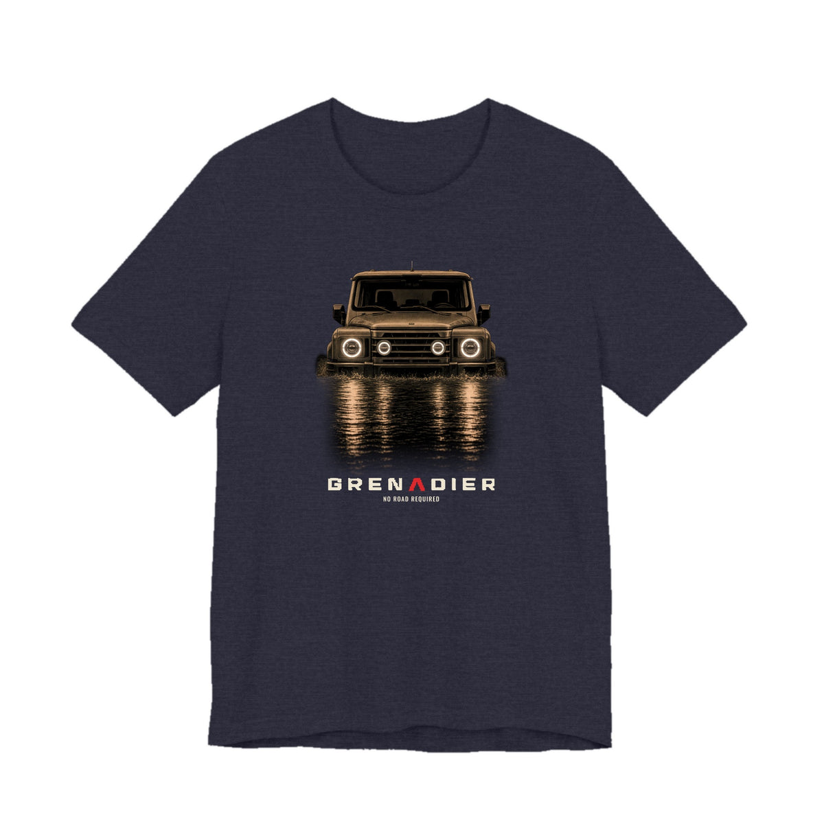 Heather Navy tee, front print: 4x4 wading dark water at night, headlights on (warm sepia tones) with NO ROAD REQUIRED lettering under GRENADIER wordmark, Heather Navy