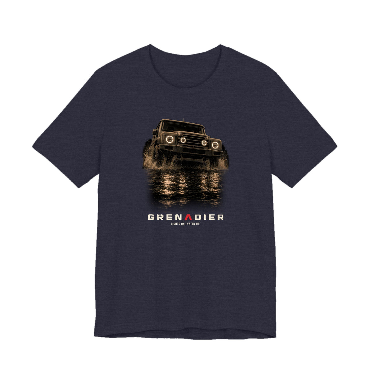 Heather Navy tee, front print: 4x4 wading dark water at night, headlights on (warm sepia, angled three-quarter view) with LIGHTS ON. WATER UP. lettering under GRENADIER wordmark, Heather Navy
