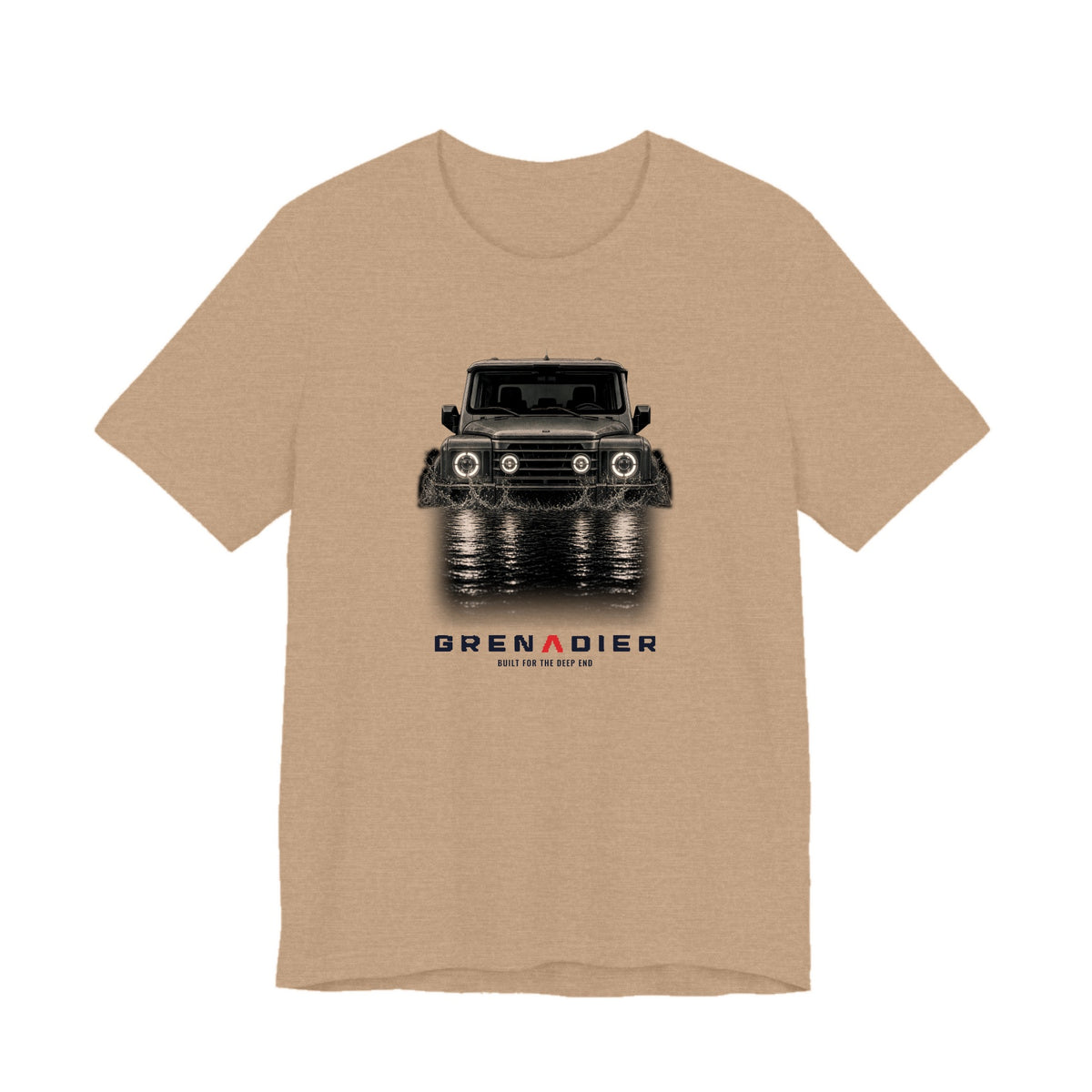 Heather Tan tee, front print: 4x4 wading dark water at night, headlights on (splash of water across the bow) with BUILT FOR THE DEEP END lettering under GRENADIER wordmark, Heather Tan