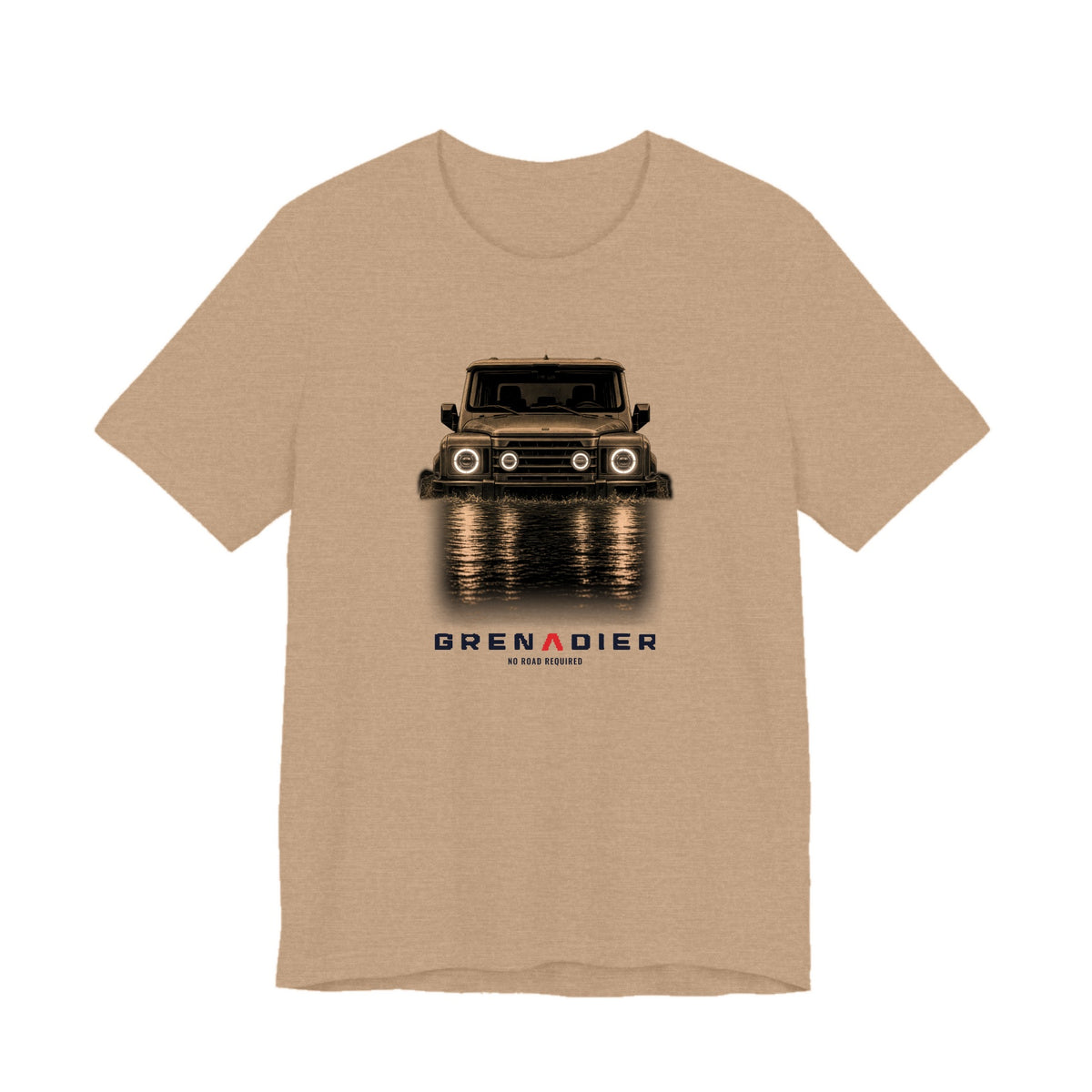 Heather Tan tee, front print: 4x4 wading dark water at night, headlights on (warm sepia tones) with NO ROAD REQUIRED lettering under GRENADIER wordmark, Heather Tan